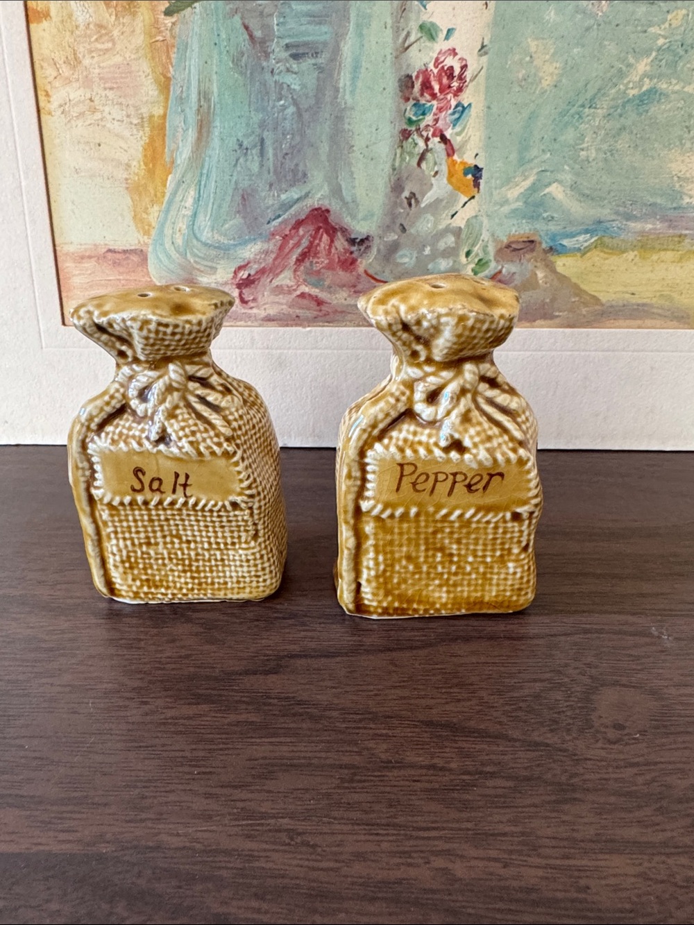 Vintage Japan Burlap Grain Sack Salt Pepper Shakers Ceramic MCM